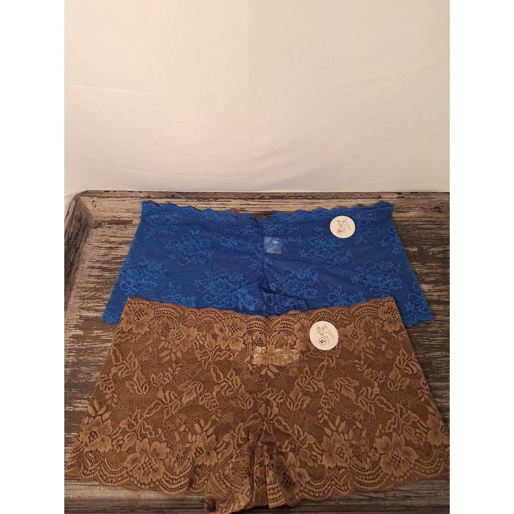 Womens Floral Lace Boy Short Panties Set of 2 Blue Brown XL Low Rise Underwear